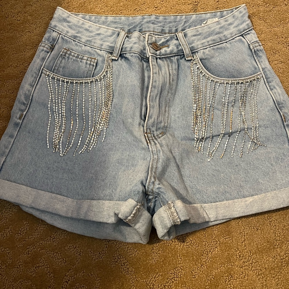 Rhinestone Fringe Trim Roll Up Hem Denim Shorts SIZE M NEVER WORN
